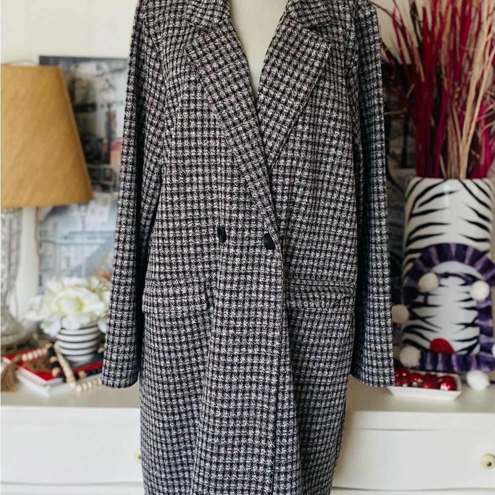 Philosophy Houndstooth Long Blazer Jacket Coat Women's XL Gray Black Brown Chic
